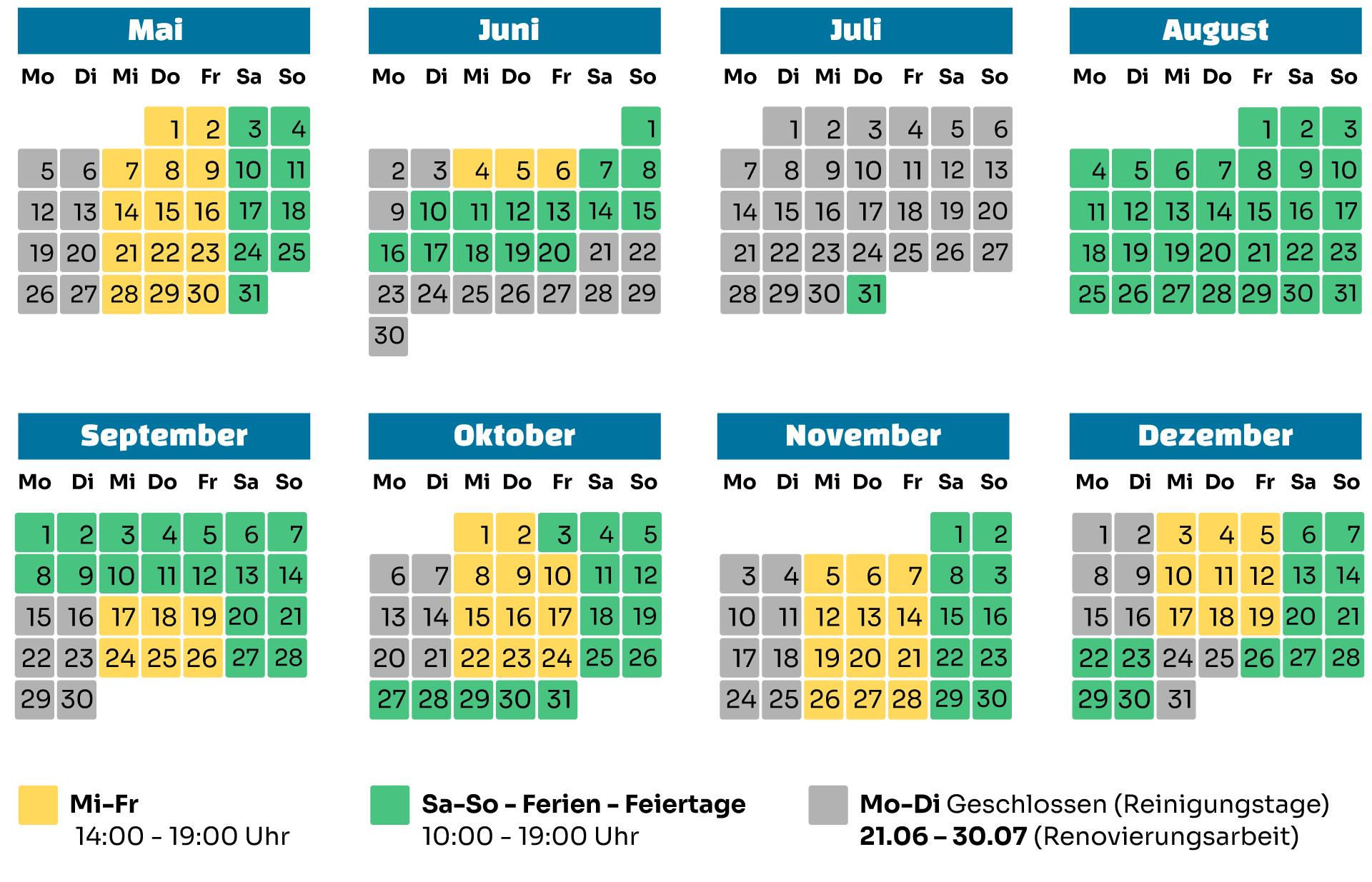 Kalender mit Öffnungszeiten gelistet
