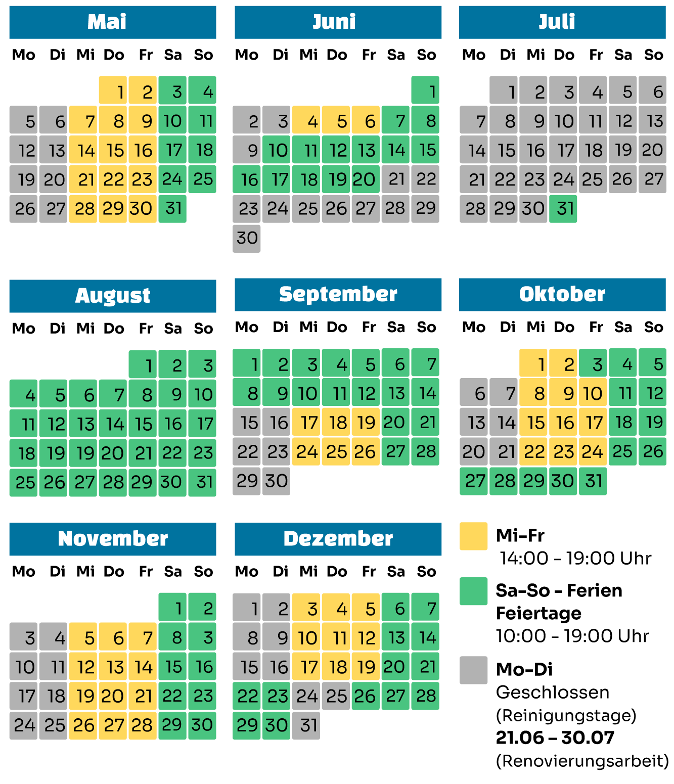 Kalender mit Öffnungszeiten gelistet Mobile
