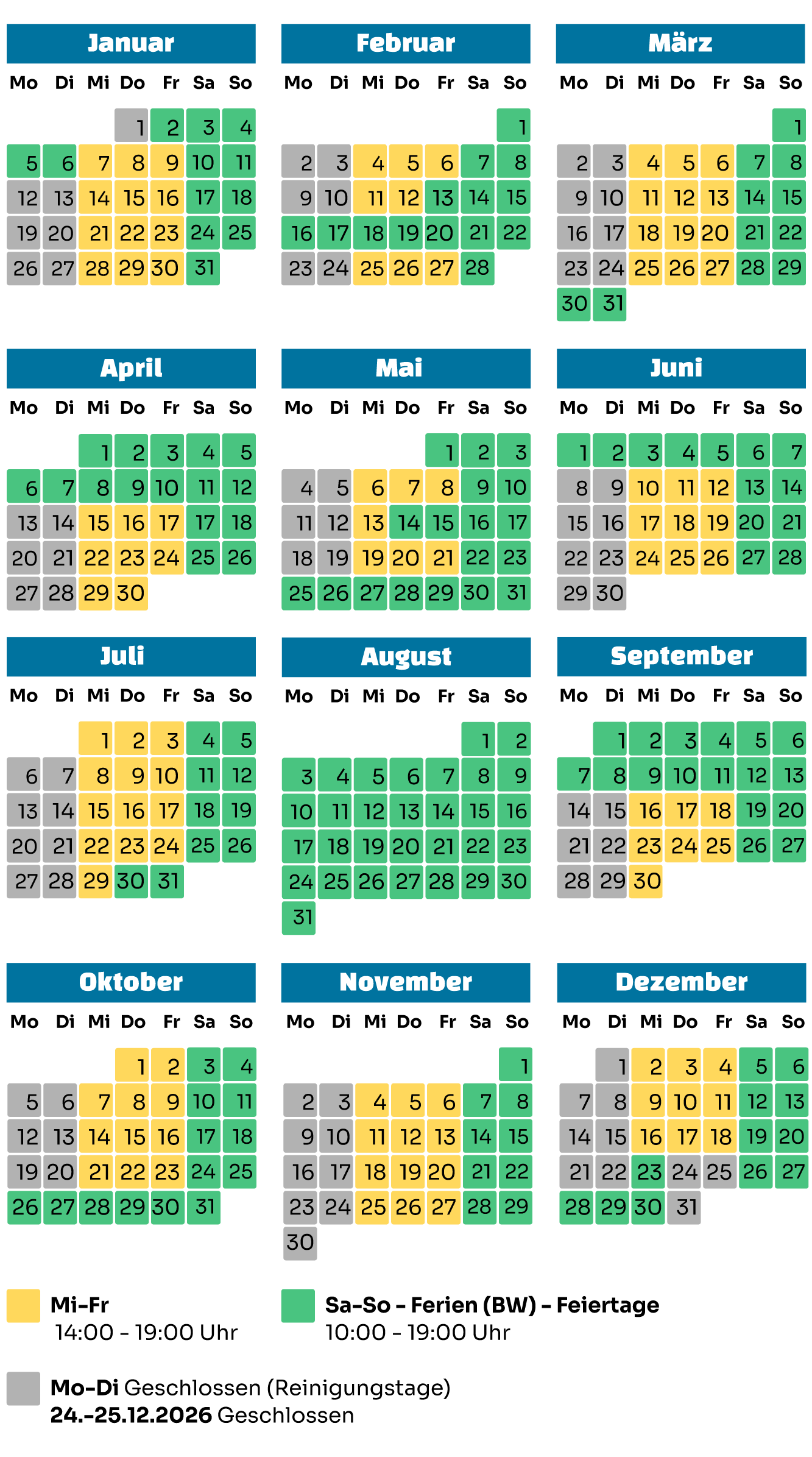 Kalender 2026 mit Öffnungszeiten gelistet Mobile