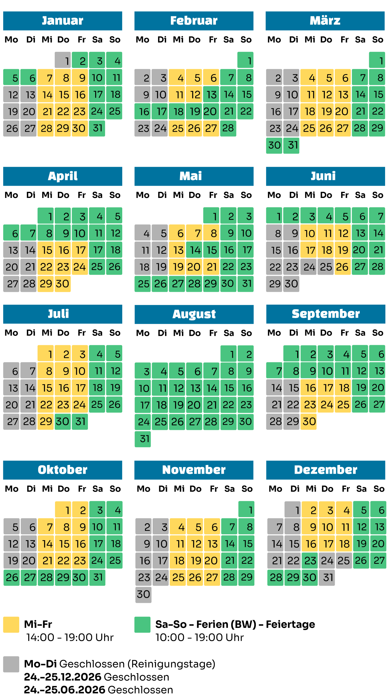 Kalender 2026 mit Öffnungszeiten gelistet Mobile