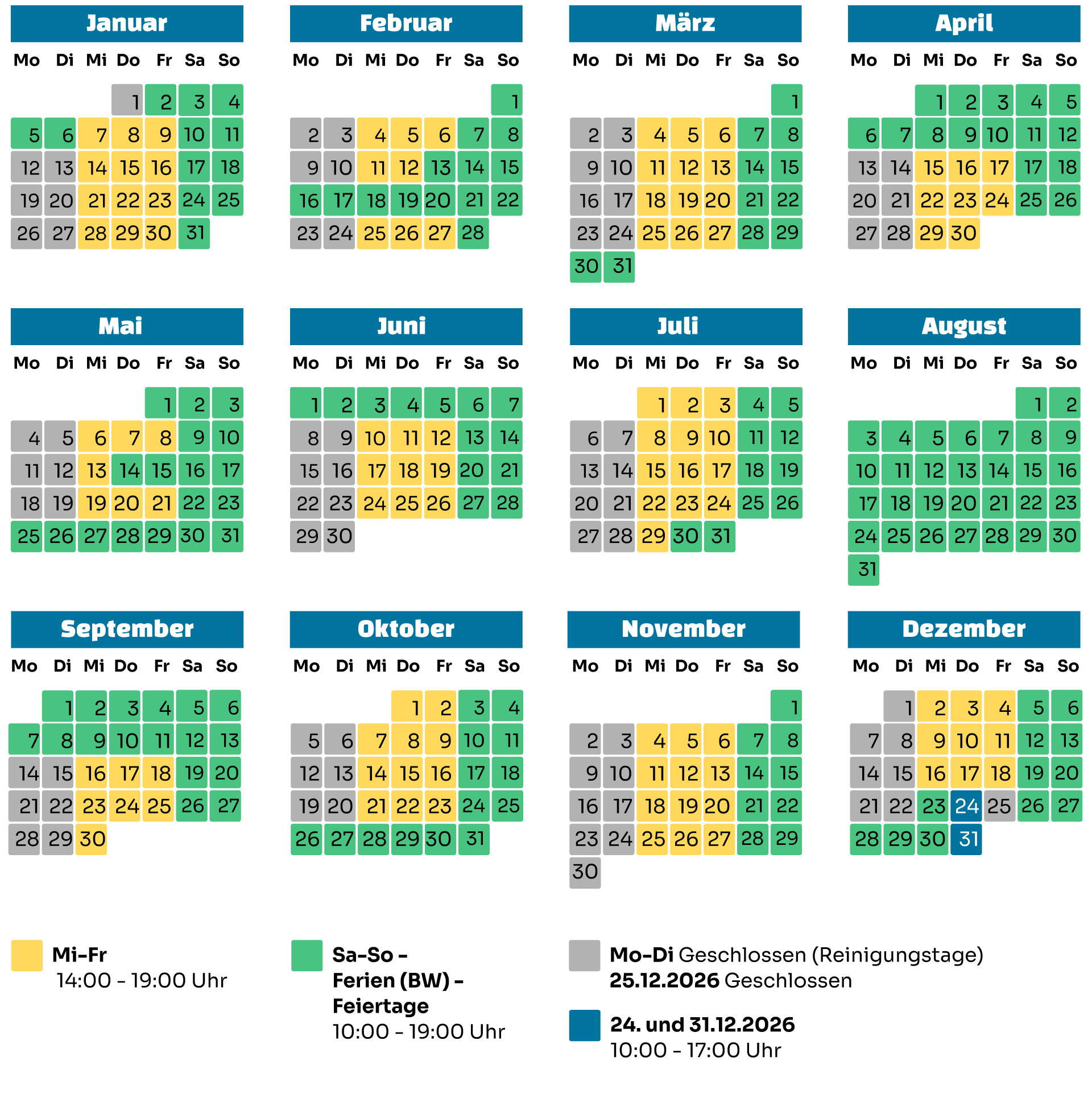 Kalender 2026 mit Öffnungszeiten gelistet