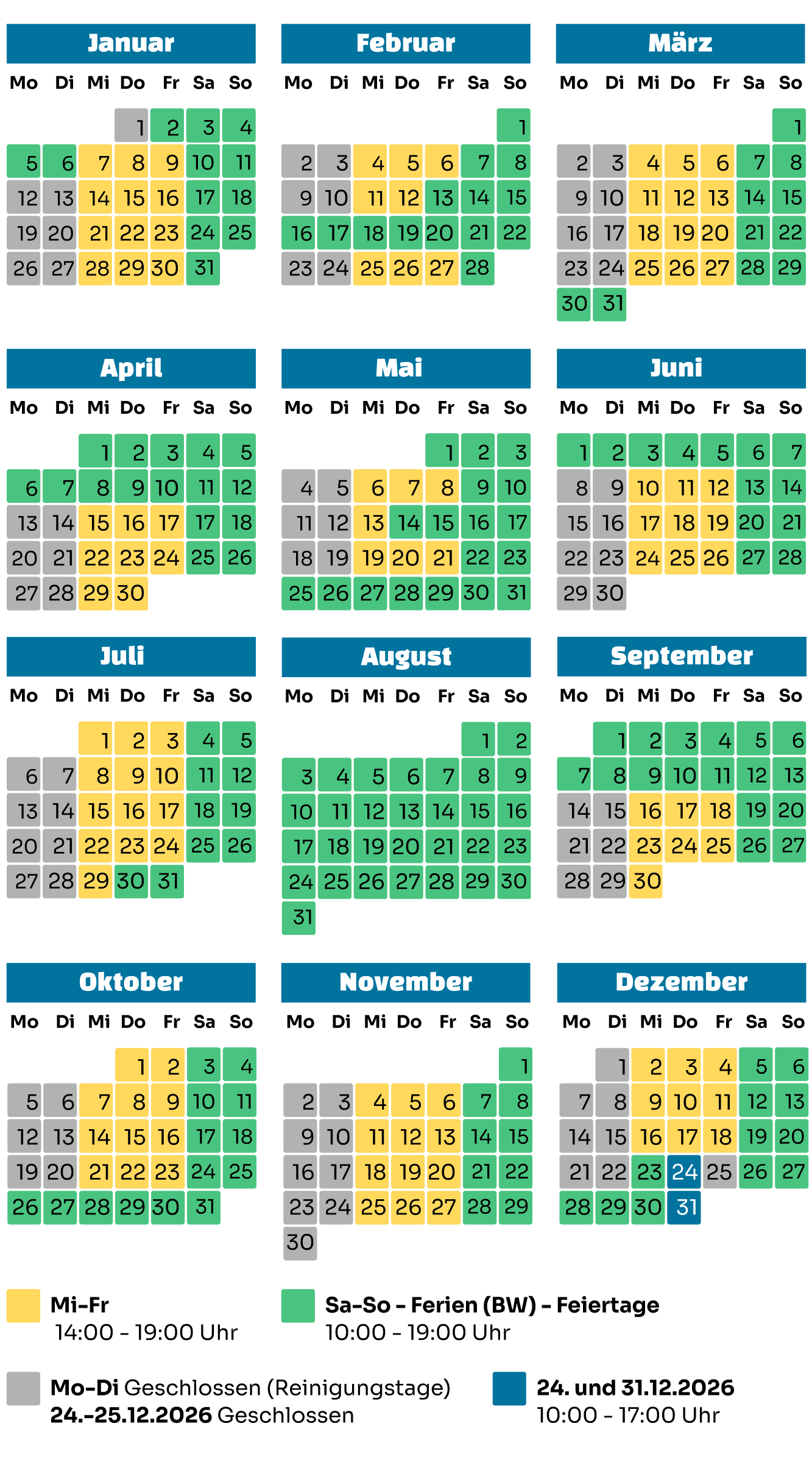 Kalender 2026 mit Öffnungszeiten gelistet Mobile
